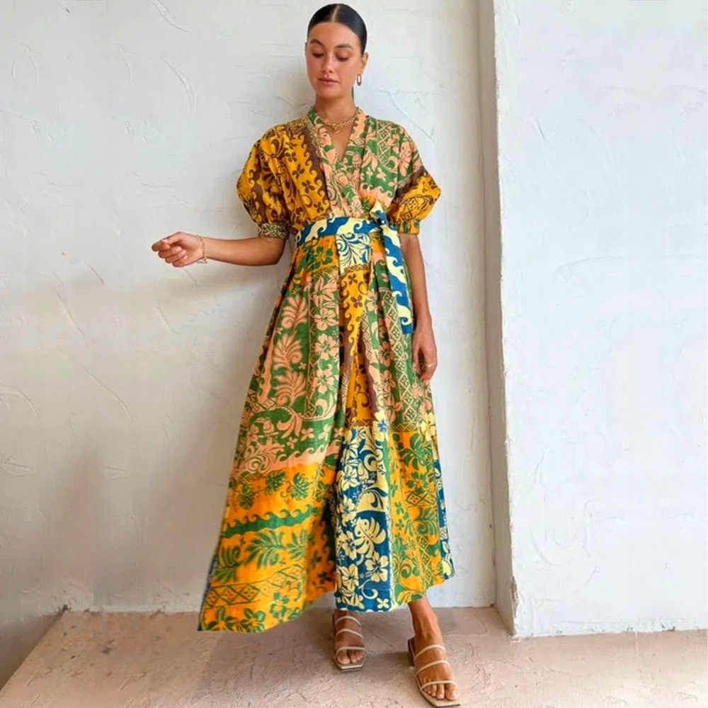 Alemais Patchwork Floral V‑Neck Midi Dress in Yellow, Green & Blue